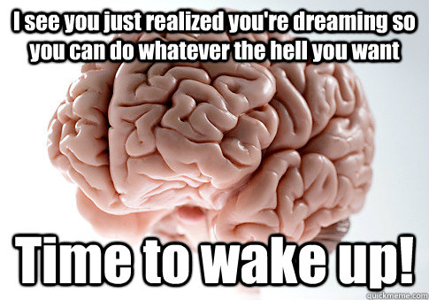 I see you just realized you're dreaming so you can do whatever the hell you want Time to wake up!  Scumbag Brain