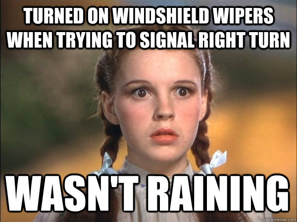 Turned on windshield wipers when trying to signal right turn wasn't raining - Turned on windshield wipers when trying to signal right turn wasn't raining  Awkward Kansas Ex-Pat in New Zealand