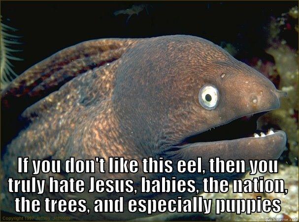  IF YOU DON'T LIKE THIS EEL, THEN YOU TRULY HATE JESUS, BABIES, THE NATION, THE TREES, AND ESPECIALLY PUPPIES Bad Joke Eel