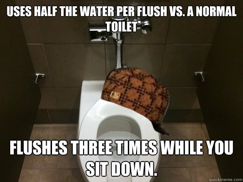 Uses half the water per flush vs. a normal toilet Flushes three times while you sit down.  Scumbag Super Toilet