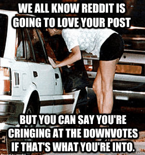 We all know reddit is going to love your post  But you can say you're cringing at the downvotes if that's what you're into.  Karma Whore