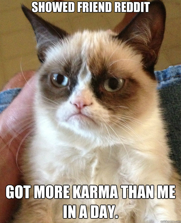 Showed friend reddit Got more karma than me in a day.  Grumpy Cat