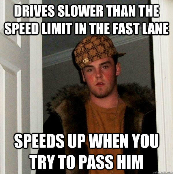 Drives slower than the speed limit in the fast lane Speeds up when you try to pass him  