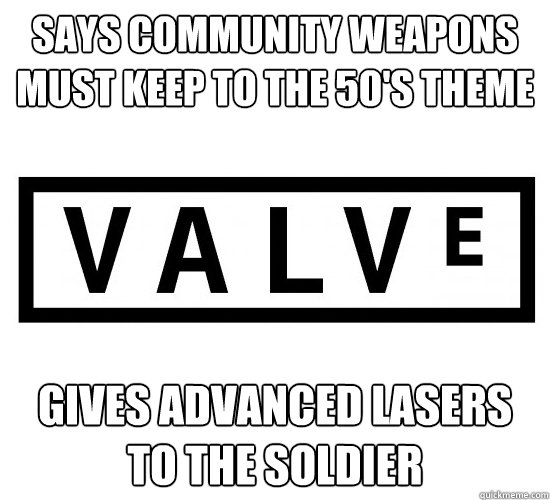 Says community weapons must keep to the 50's theme gives advanced lasers to the soldier  