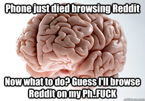 Phone just died browsing Reddit Now what to do? Guess I'll browse Reddit on my Ph..FUCK  Scumbag Brain