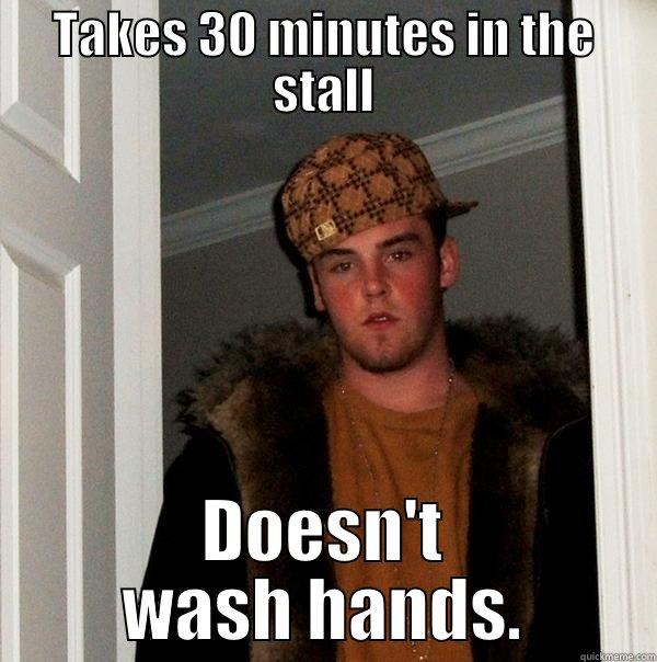 Wash hands - TAKES 30 MINUTES IN THE STALL DOESN'T WASH HANDS. Scumbag Steve