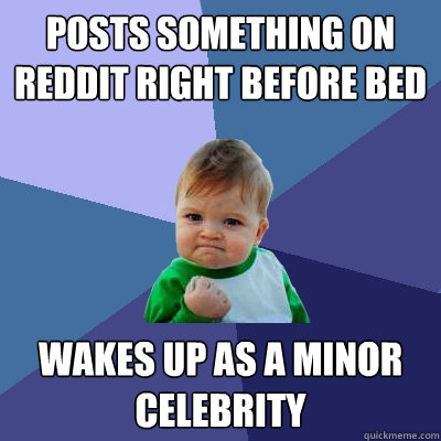 Posts something on reddit right before bed wakes up as a minor celebrity   Success Kid