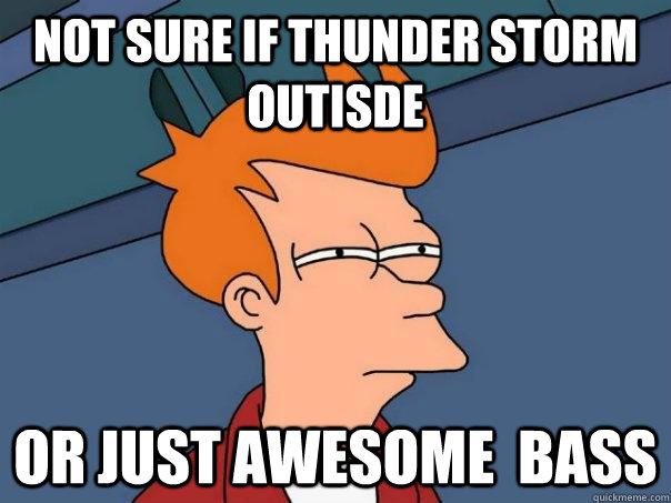 Not sure if thunder storm outisde Or just awesome  bass  Futurama Fry