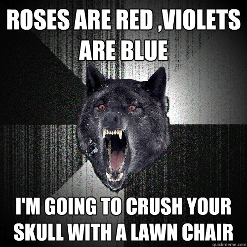 roses are red ,violets are blue i'm going to crush your skull with a lawn chair   Insanity Wolf