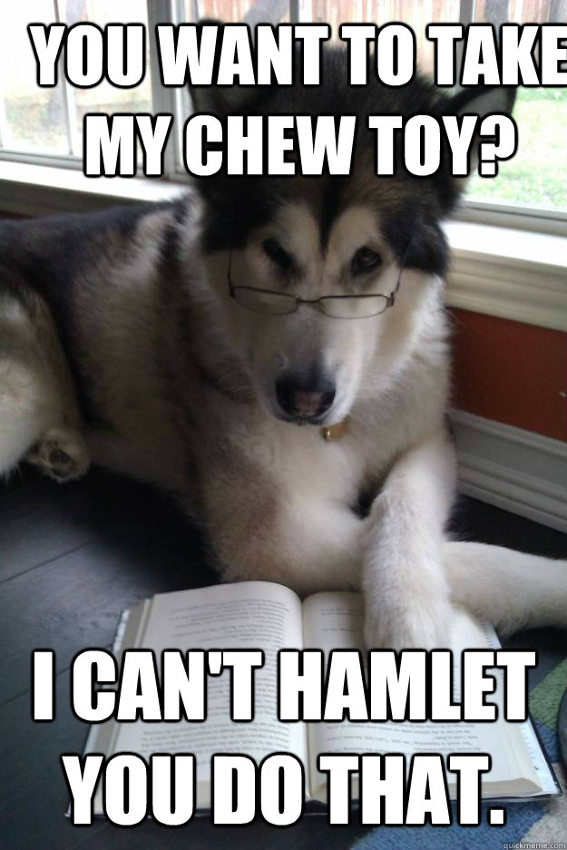 you want to take my chew toy? i can't hamlet you do that.  Condescending Literary Pun Dog