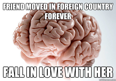 friend moved in foreign country forever fall in love with her  Scumbag Brain