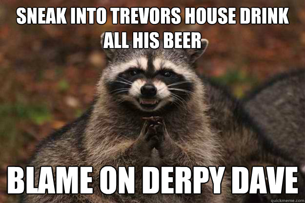 Sneak into Trevors house drink all his beer Blame on derpy dave  - Sneak into Trevors house drink all his beer Blame on derpy dave   Evil Plotting Raccoon