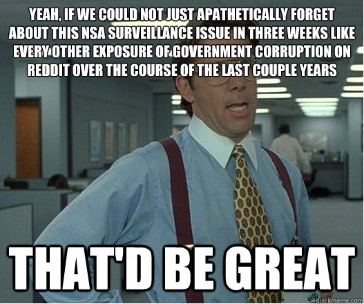 Yeah, if we could not just apathetically forget about this NSA surveillance issue in three weeks like every other exposure of government corruption on Reddit over the course of the last couple years that'd be great  