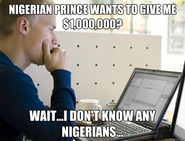 NIGERIAN PRINCE WANTS TO GIVE ME $1,000,000? WAIT...I DON'T KNOW ANY NIGERIANS...  Programmer