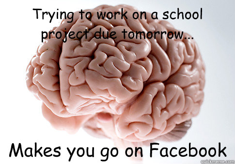 Trying to work on a school project due tomorrow... Makes you go on Facebook  Scumbag Brain