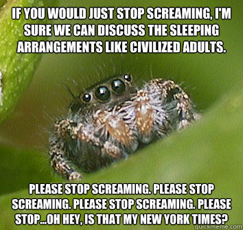 If you would just stop screaming, I'm sure we can discuss the sleeping arrangements like civilized adults. Please stop screaming. Please stop screaming. Please stop screaming. Please stop...oh hey, is that my New York Times?  Misunderstood Spider