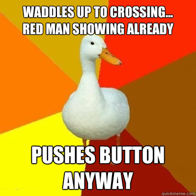 waddles up to crossing... 
red man showing already pushes button anyway  Tech Impaired Duck