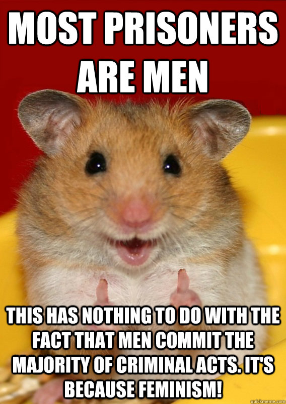 Most prisoners are men this has nothing to do with the fact that men commit the majority of criminal acts. it's because feminism!  - Most prisoners are men this has nothing to do with the fact that men commit the majority of criminal acts. it's because feminism!   Rationalization Hamster