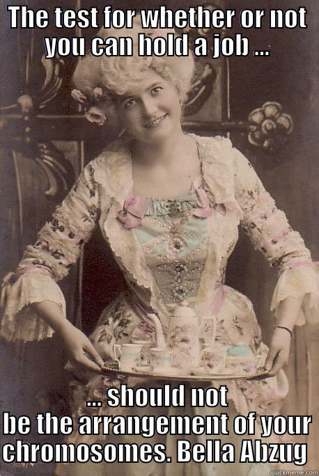 Women's Work - THE TEST FOR WHETHER OR NOT YOU CAN HOLD A JOB ... ... SHOULD NOT BE THE ARRANGEMENT OF YOUR CHROMOSOMES. BELLA ABZUG  Misc