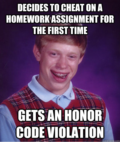 Decides to cheat on a homework assignment for the first time Gets an Honor Code Violation  Bad Luck Brian