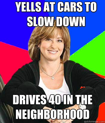 yells at cars to slow down drives 40 in the neighborhood  Sheltering Suburban Mom