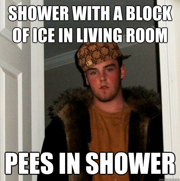 Shower with a block of ice in living room Pees in shower  Scumbag Steve