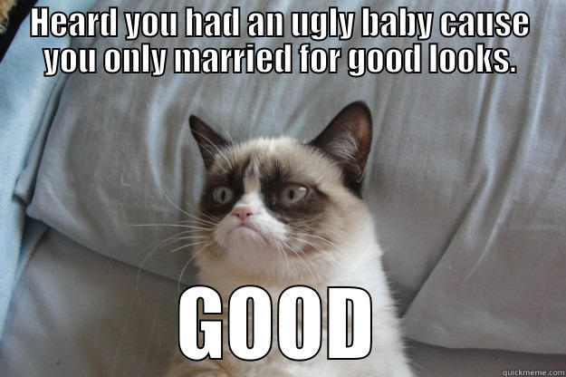 HEARD YOU HAD AN UGLY BABY CAUSE YOU ONLY MARRIED FOR GOOD LOOKS. GOOD Grumpy Cat