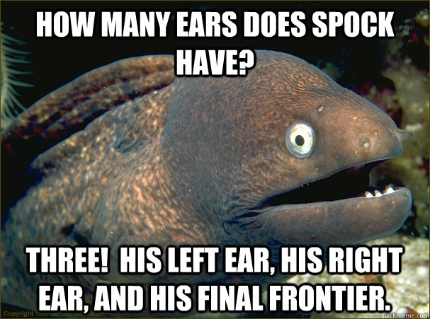 How many ears does Spock have? Three!  His left ear, his right ear, and his final frontier.  Bad Joke Eel