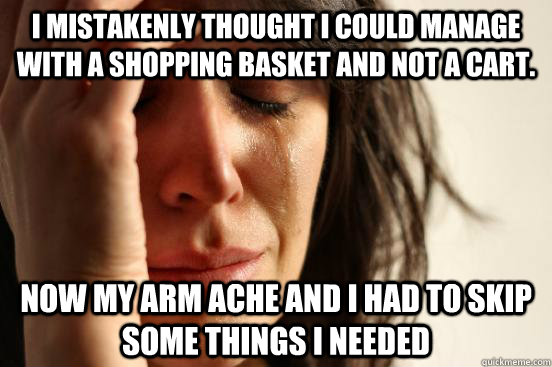 I mistakenly thought I could manage with a shopping basket and not a cart.  Now my arm ache and I had to skip some things I needed  First World Problems