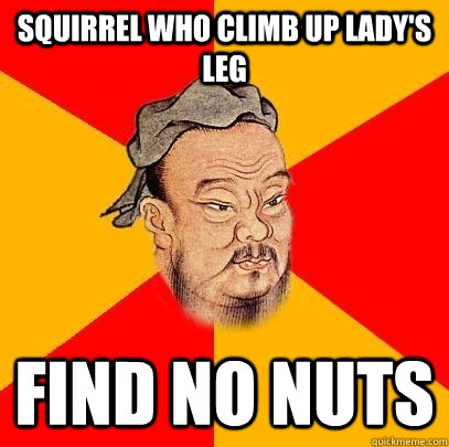 Squirrel who climb up lady's leg find no nuts  Confucius says