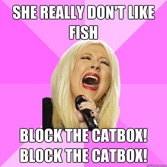 she really don't like fish block the catbox!
block the catbox!  Wrong Lyrics Christina