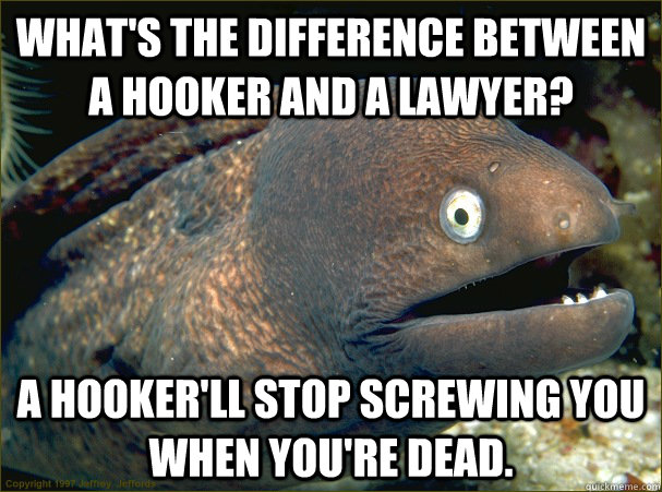 What's the difference between a hooker and a lawyer? A hooker'll stop screwing you when you're dead.   Bad Joke Eel