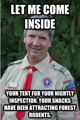 let me come inside your tent for your nightly inspection. Your snacks have been attracting forest rodents.  Harmless Scout Leader