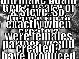 GOD'S USAGE OF ADAM'S RIB TO CREATE A PARTNER, WOULD HAVE PRODUCED A PERSON WITH XY CHROMOSOMES, A MALE. HE REALLY DID MAKE ADAM & STEVE. SO, EXACTLY WHEN WERE FEMALES CREATED? Misc