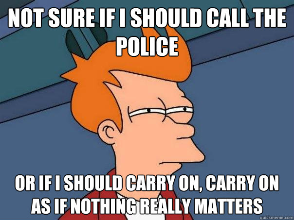 Not sure if I should call the police Or if I should carry on, carry on as if nothing really matters  Futurama Fry