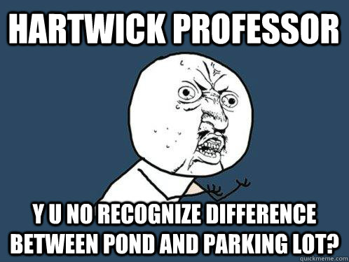 Hartwick Professor y u no recognize difference between pond and parking lot?  Y U No