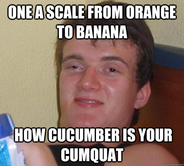 one a scale from orange to banana  how cucumber is your cumquat  10 Guy