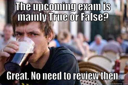 THE UPCOMING EXAM IS MAINLY TRUE OR FALSE? GREAT. NO NEED TO REVIEW THEN. Lazy College Senior