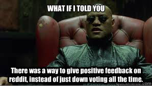 WHAT IF I TOLD YOU There was a way to give positive feedback on reddit, instead of just down voting all the time.  Scumbag Morpheus