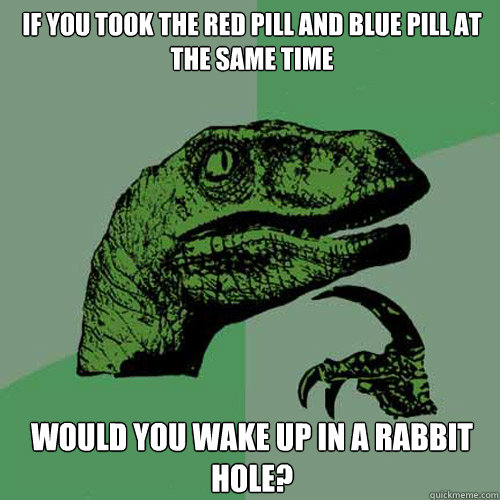 If you took the red pill and blue pill at the same time Would you wake up in a rabbit hole?  Philosoraptor