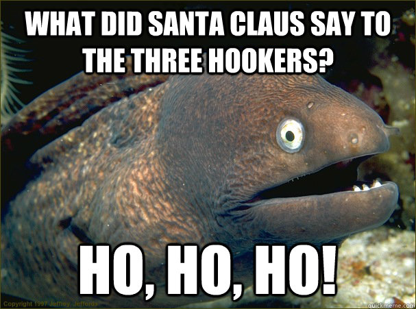 What did santa claus say to the three hookers? ho, ho, ho! - What did santa claus say to the three hookers? ho, ho, ho!  Bad Joke Eel