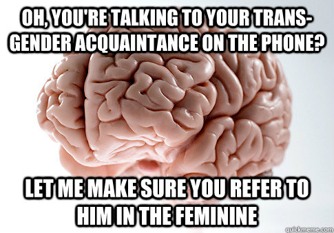 Oh, you're talking to your Trans-gender acquaintance on the phone? Let me make sure you refer to him in the feminine   Scumbag Brain