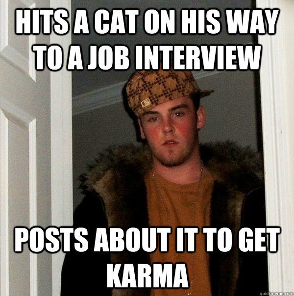 HITS A CAT ON HIS WAY TO A JOB INTERVIEW  POSTS ABOUT IT TO GET KARMA  - HITS A CAT ON HIS WAY TO A JOB INTERVIEW  POSTS ABOUT IT TO GET KARMA   Scumbag Steve