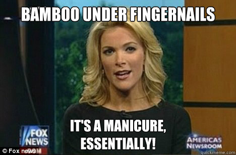 Bamboo Under fingernails It's a manicure,
Essentially! Waterboarding





It is an aggressive bubble-bath, essentially! - Bamboo Under fingernails It's a manicure,
Essentially! Waterboarding





It is an aggressive bubble-bath, essentially!  Megyn Kelly