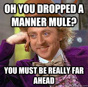 Oh you dropped a manner mule? You must be really far ahead  Condescending Wonka