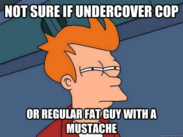 Not sure if undercover cop Or regular fat guy with a mustache  Futurama Fry