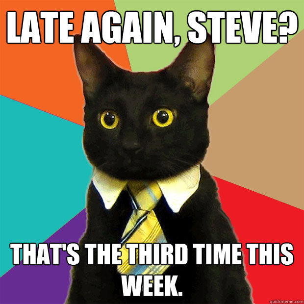 Late again, Steve? That's the third time this week.  Business Cat