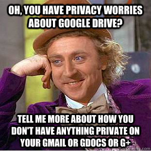 Oh, you have privacy worries about Google Drive? Tell me more about how you don't have anything private on your GMail or GDocs or G+ - Oh, you have privacy worries about Google Drive? Tell me more about how you don't have anything private on your GMail or GDocs or G+  Condescending Wonka