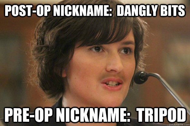 POST-OP NICKNAME:  DANGLY BITS PRE-OP NICKNAME:  TRIPOD  Slut Sandra Fluke