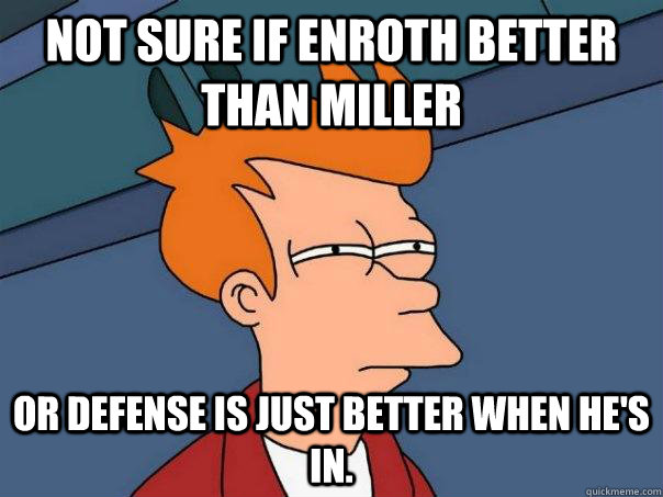 Not sure if Enroth Better than miller Or defense is just better when he's in.  Futurama Fry